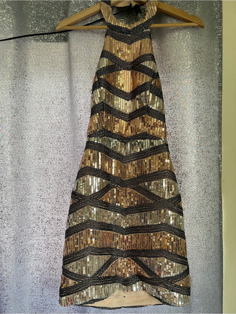 Charlotte Russe Rose Gold Sequin Halter Mini Dress with Black Chevron - Picture 2 of 4